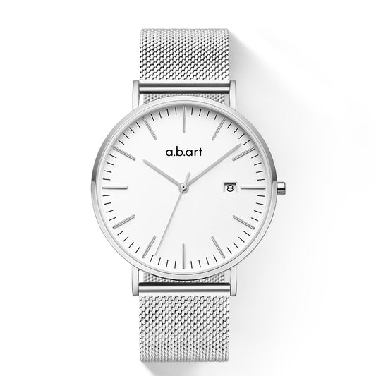 Classic White Dial Watch with Date Function, Silver Colour