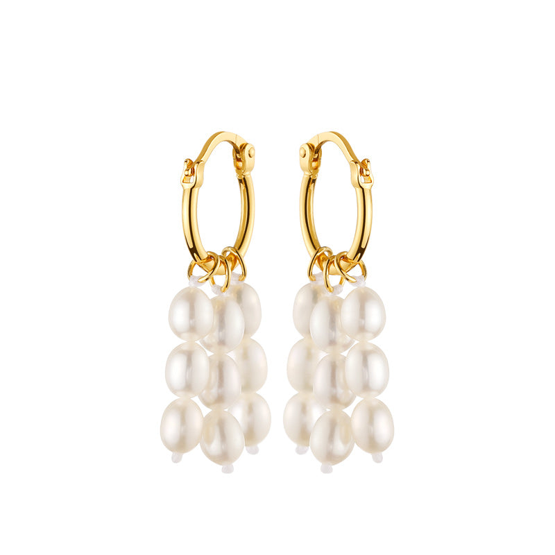 Trio Gold Hoop White Pearl Cluster Earrings