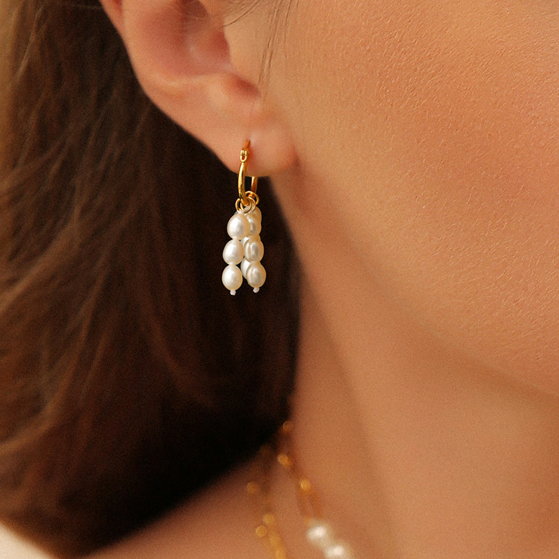 Trio Gold Hoop White Pearl Cluster Earrings