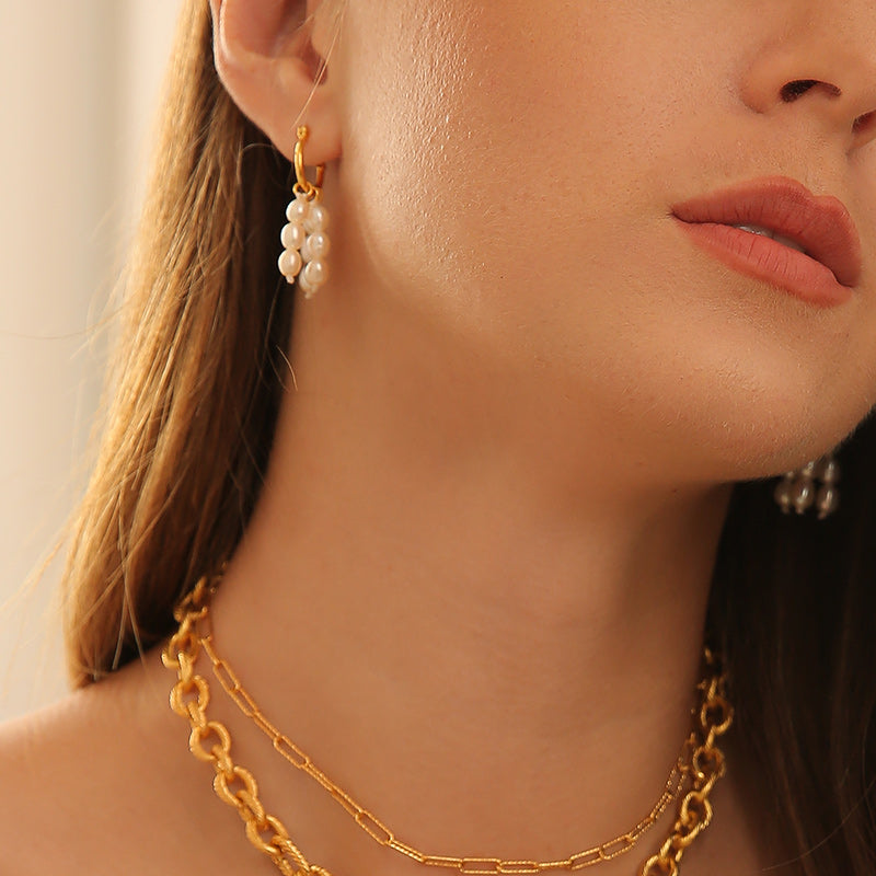 Trio Gold Hoop White Pearl Cluster Earrings