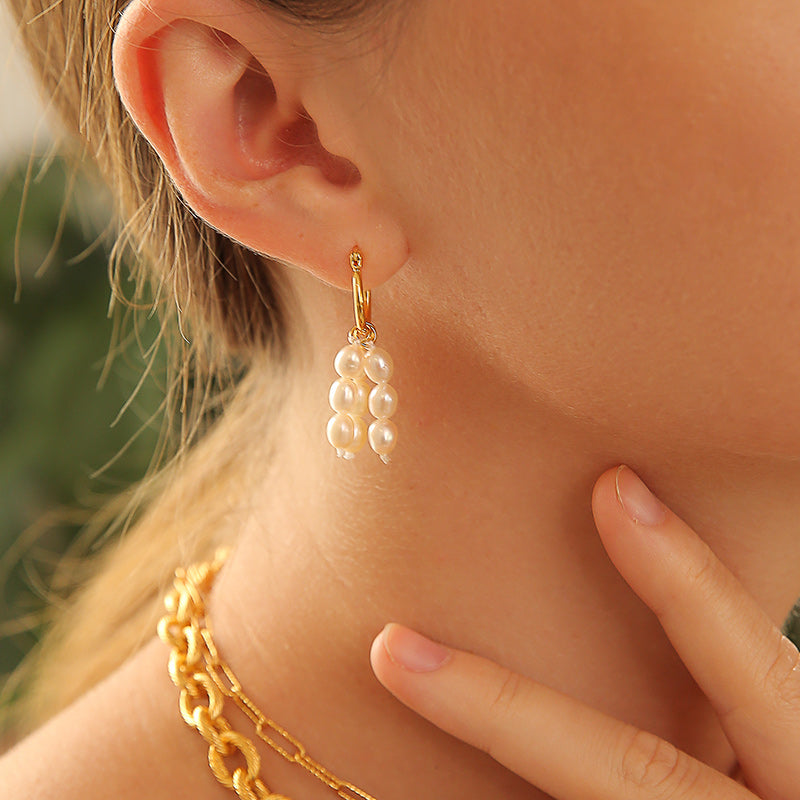 Trio Gold Hoop White Pearl Cluster Earrings