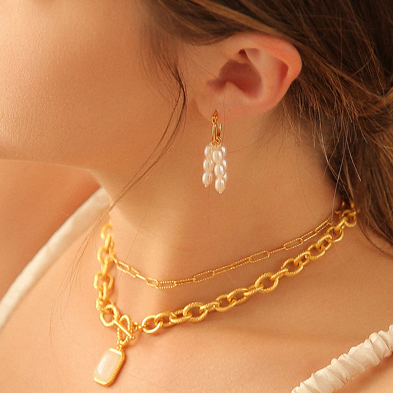 Trio Gold Hoop White Pearl Cluster Earrings