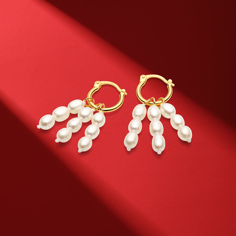 Trio Gold Hoop White Pearl Cluster Earrings