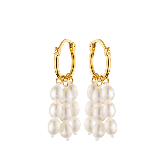 Trio Gold Hoop White Pearl Cluster Earrings