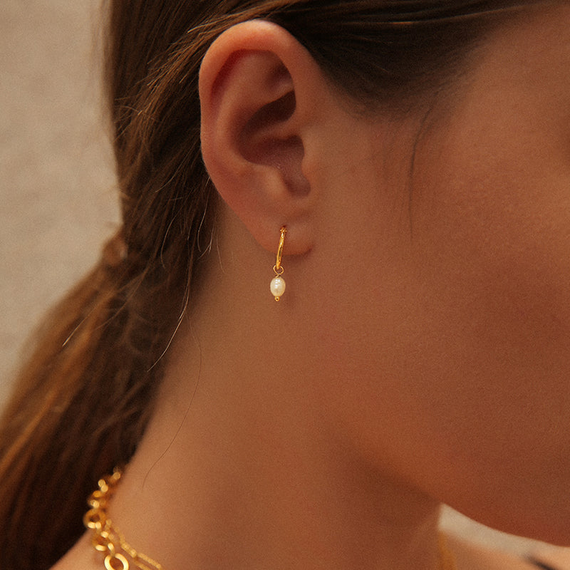 Gold Hoop Pearl Drop Earrings