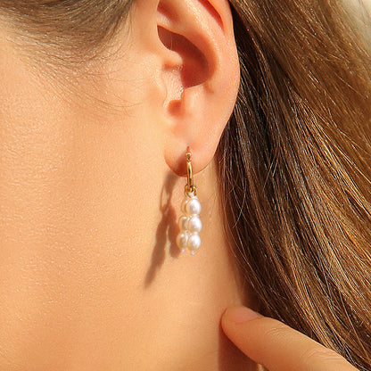 Trio Gold Hoop White Pearl Cluster Earrings