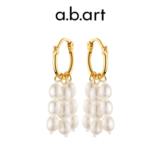 Trio Gold Hoop White Pearl Cluster Earrings